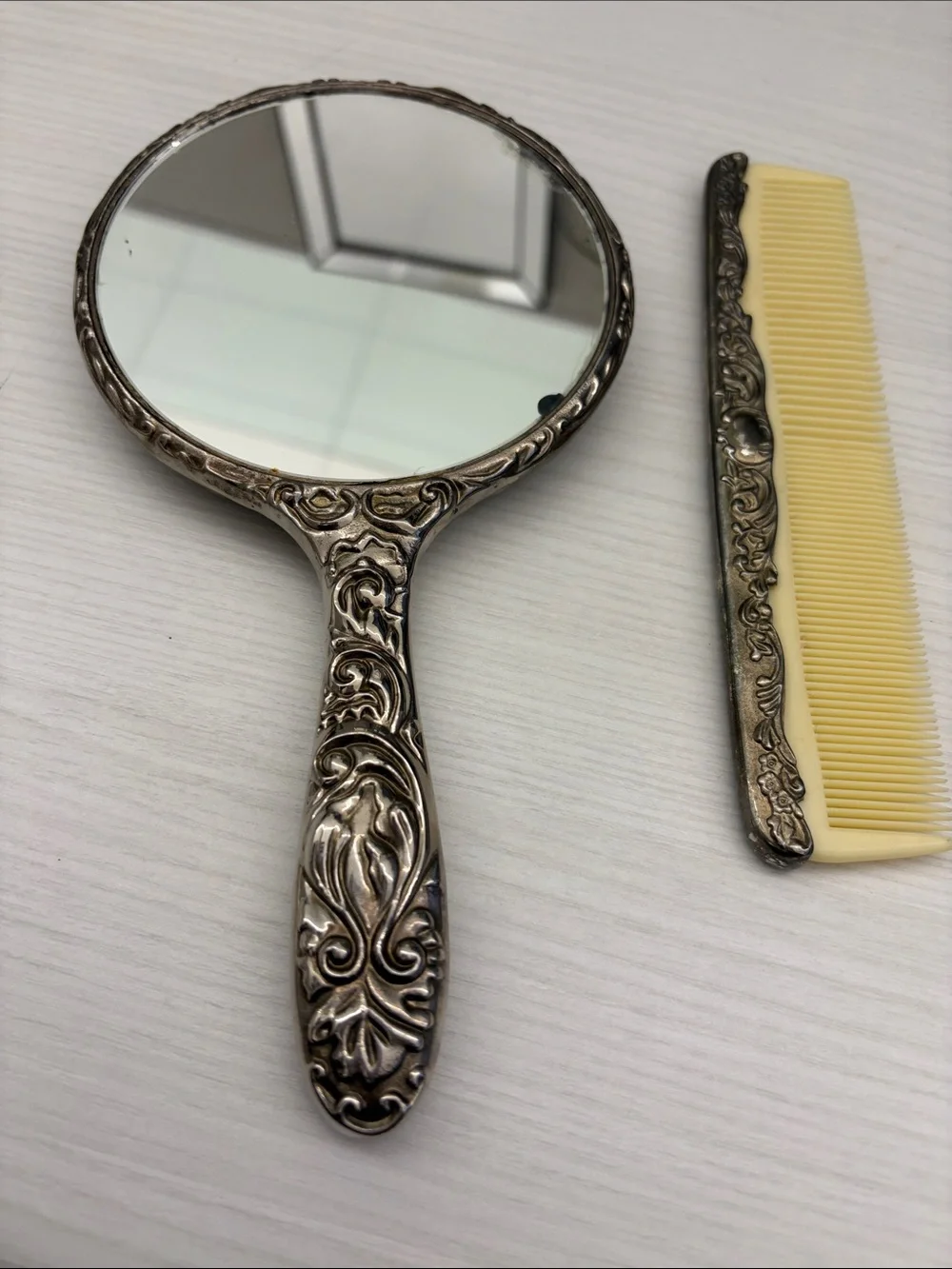 Vintage Silver plated Hand Mirror and Comb Set - Ornate Floral Design